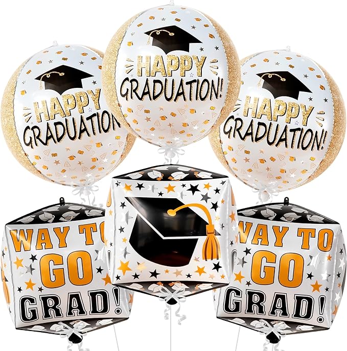 Graduation Decorations 2026 | Graduation Balloons - Pack of 6 | Black and Gold Mylar Foil Balloons for Grad Decorations Class of 2026 | Graduation Party Supplies with Graduation Cap Balloon, KatchOn