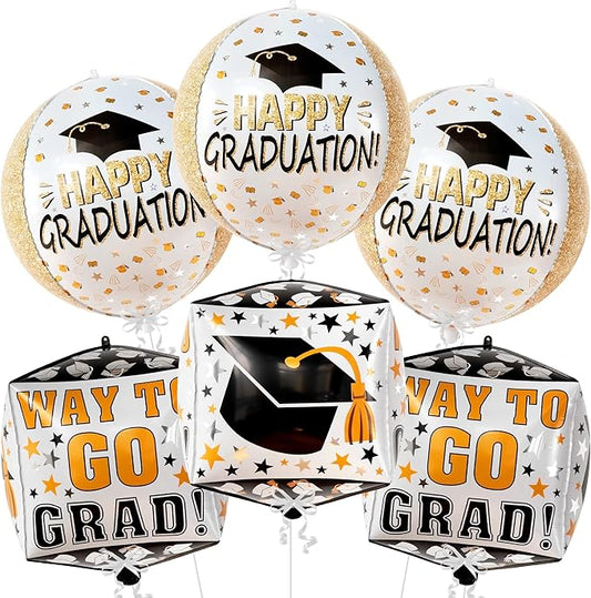 Graduation Decorations 2026 | Graduation Balloons - Pack of 6 | Black and Gold Mylar Foil Balloons for Grad Decorations Class of 2026 | Graduation Party Supplies with Graduation Cap Balloon, KatchOn