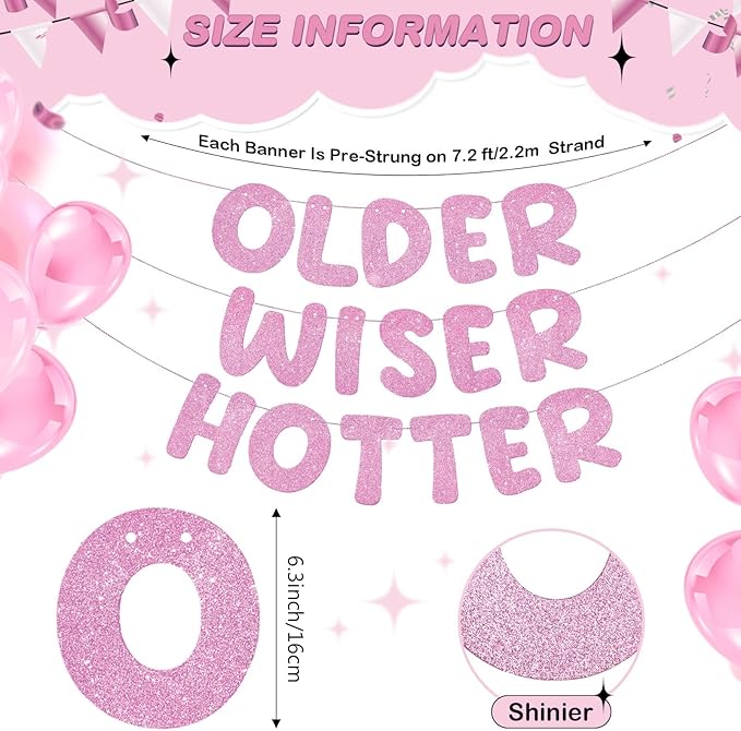 Fulmoon Set of 3 Pre Strung Older Wiser Hotter Glitter Banner Funny Birthday Banner for Women 30th 40th 50th 60th 70th 80th Birthday Party Decorations Sign Gift(Pink)