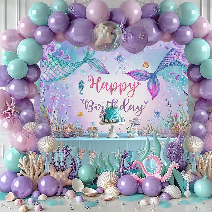 Mocsicka Mermaid Birthday Backdrop Under The Sea Birthday Party Decoration for Girl Blue Purple Mermaid Tails Photography Background (10x7ft(120x82 inch))