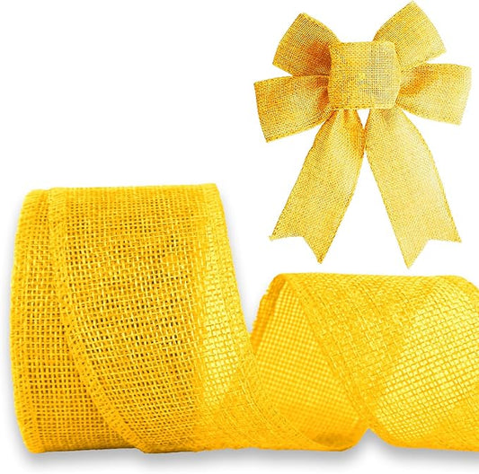 Gold Yellow Burlap Ribbon 1-1/2 inch X 10 Yard Natural Burlap Ribbons Woven Wired Ribbon DIY Handmade Edging Production Wreath Holiday Decoration Gift Wrapping Yellow Gold Ribbons