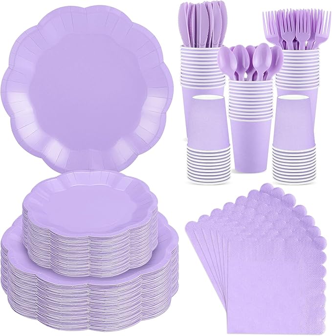 NatNarr 350 Pcs Light Purple Party Supplies Include Scalloped 9" Lavender Plates 7" Cake Plate Napkins Cups Forks Knives Serve 50 Guest Party Tableware for Wedding Baby Shower Birthday Party
