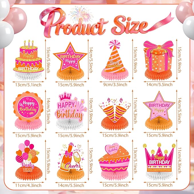 12Pcs Orange Pink Birthday Decorations Honeycomb Centerpieces for Women Girls, Orange Pink Happy Birthday Table Centerpieces for Kids Adults Birthday Gift Table Topper Sign Decor Party Supplies