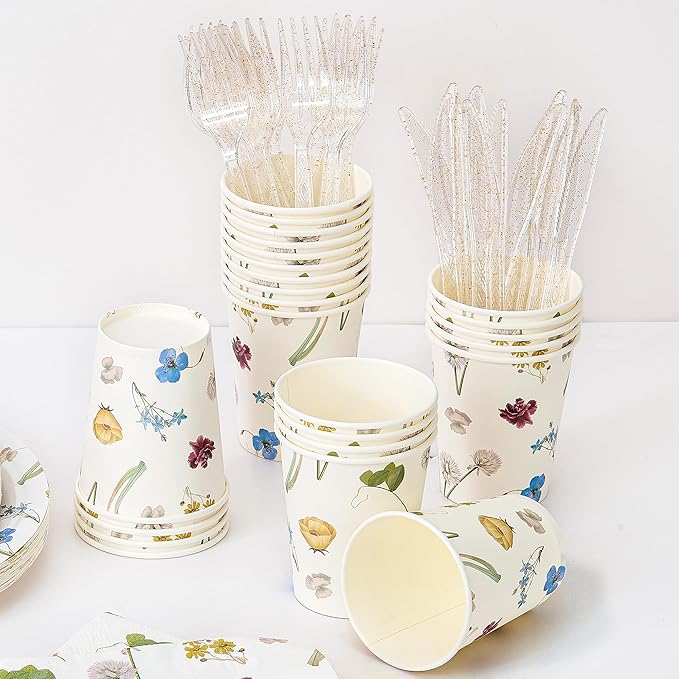 144Pcs Spring Wildflower Party Supplies Birthday Decorations Paper Plates Napkins Vintage Puppy Party Tableware Disposable Dinnerware Set for Baby In Bloom Baby Shower Decoration Decor, Serve 24