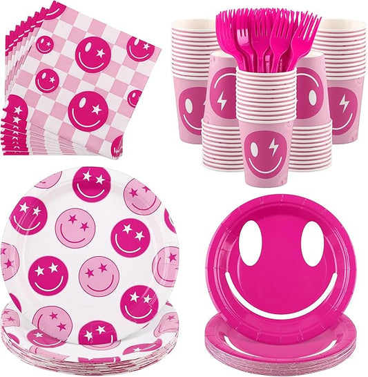 Kochorie 144 Pieces Preppy Party Supplies, Pink Preppy Smile Face Tableware Sets Including Disposable Paper Plates Napkins Cups Forks Serves 24 for Smiley Face Baby Shower Birthday Party Decorations