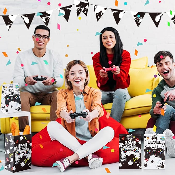Geosar 30 Pack Video Game Party Favor Paper Bags Game on Goodie Candy Gift Bags with 30 Stickers Level up Reusable Goodie Treat Snacks Supplies for Boys Kids Gaming Birthday Party(White, Black)