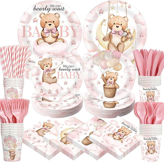 450 Pcs Pink Bear Baby Shower Tableware Set Decorations We Can Bearly Wait Paper Plates Napkins Cups Cutlery Straws for Pink Baby Shower Gender Reveal Birthday Party Supplies, Serves 50