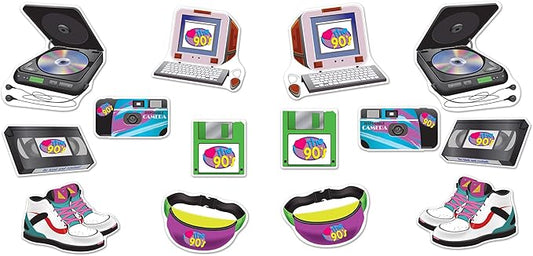 90's Decorations 14 Piece VHS Floppy Disk CD Player Fanny Pack Cut Outs Decade Party Supplies