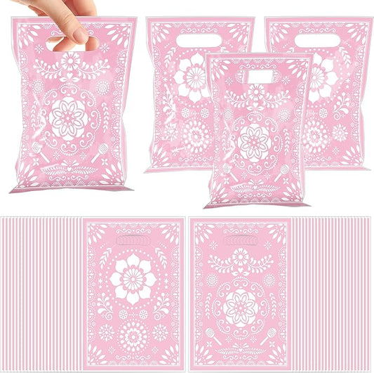 MOIZYNG 50 Pcs Cielito Lindo Candy Bags, Pink Floral Plastic Gift Goodie Party Favor Bags with Handles, Mexican Fiesta Party Decorations for Birthday Cinco de Mayo Wedding Baby Shower Supplies