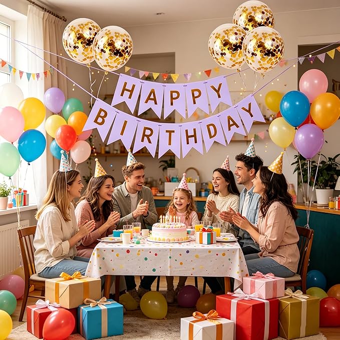 Happy Birthday Banner Sign Bunting Hanging Decorations with Shiny Gold Balloons Birthday Party Sign Decor for Party Supplies(Purple)