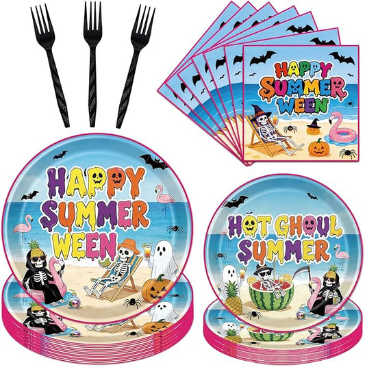 Gameza Happy Summer ween Party Decorations, 96PCS Summer Halloween Disposable Paper Plates and Napkin Decorations, Halloween in Summer Forks Decor for Hawaii Themed Hallows' Eve Ghost Supplies
