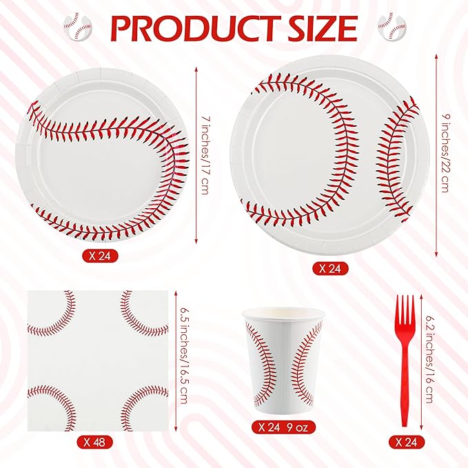 Kochorie 144 Pieces Baseball Paper Plates and Napkins Tableware Set Baseball Birthday Party Supplies Includes Disposable Paper Plates Napkins Forks Serve 24 for Sports Baseballs Party Decorations
