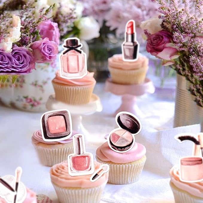 Ercadio 44Pcs Edible Make up Cupcake Toppers Mascara Cosmetics Lipstick Cupcake Picks Perfume Bottle Drink Topper Makeup Birthday Cupcake Decorations Bridal Shower Bachelorette Makeup Party Supplies