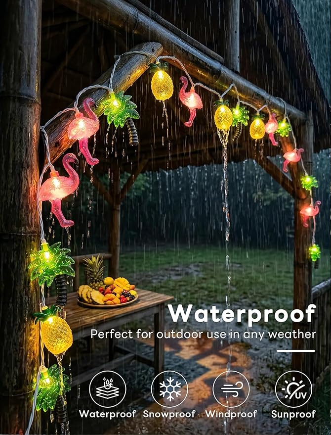 12Ft Summer Beach String Lights with 20 LED Pineapple Flamingo Palm Tree Lights, Plug in Luau Pool Decor for Hawaii Theme Indoor Outdoor Tropical Party Decorations