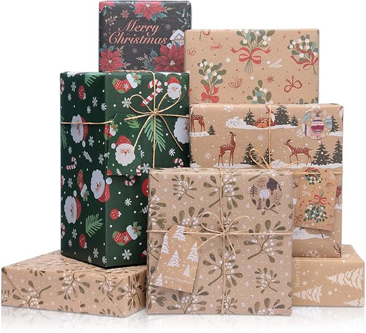 Larcenciel Christmas Gift Wrapping Paper Set, 6 Sheets with Tags, Stickers, Twine and Tape, Classic Holiday Kraft Wrapping Paper, Green Brown Elegant Xmas Gift Wraps for Girly, Boys, Coworker, Friends