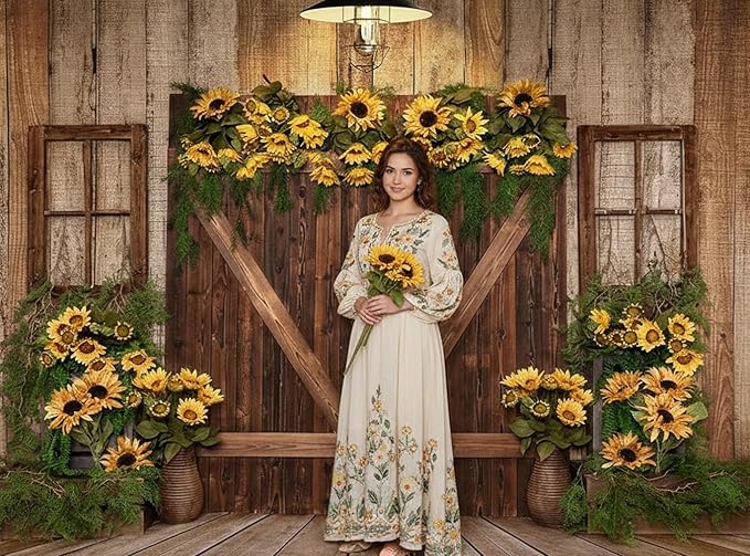 Kate Rustic Wooden Barn Door Backdrop 10x6.5ft Vintage Sunflower Garland Photography Background Country Style Shabby Chic Wall for Birthday Party Baby Shower Wedding Photo Booth Props