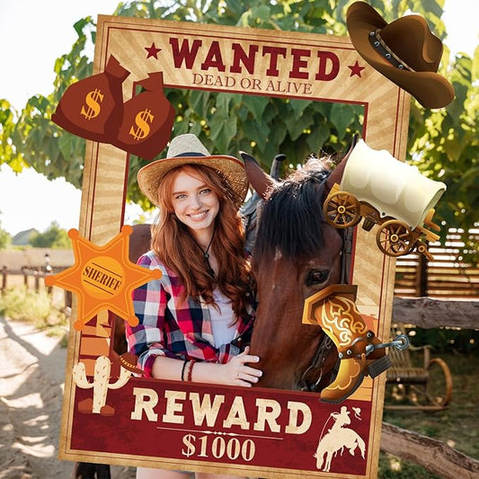 West Wanted Photo Booth Prop Kit Cowboy Party Decoration Wild Western Cowboy Theme Photo Booth Prop Set Wild Western Selfie Photo Booth Poster for Cowboy Cowgirl Rustic Party Supplies