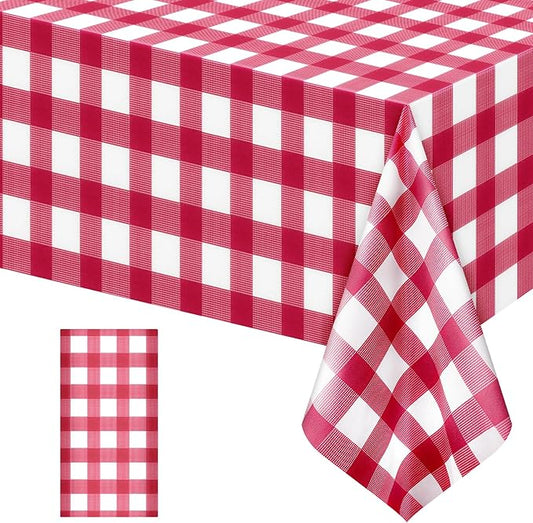 1 Pack Red Striped Gingham Tablecloths, 54 x 108 Inch Disposable Plastic Rectangle Table Covers, Waterproof Red and White Checkered Table Cloths for Picnic, Birthday, Party, Outdoor Events