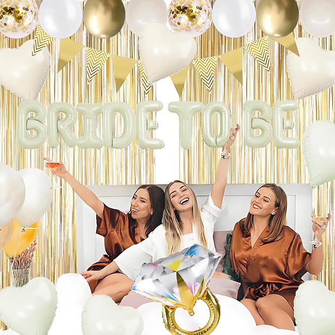 45Pcs Bachelorette Party Decorations Champagne Gold, Bride To Be Balloon Banner with Fringe Curtain Diamond Ring Confetti Balloons, Bridal Shower Engagement Wedding Party Supplies Decor Kit