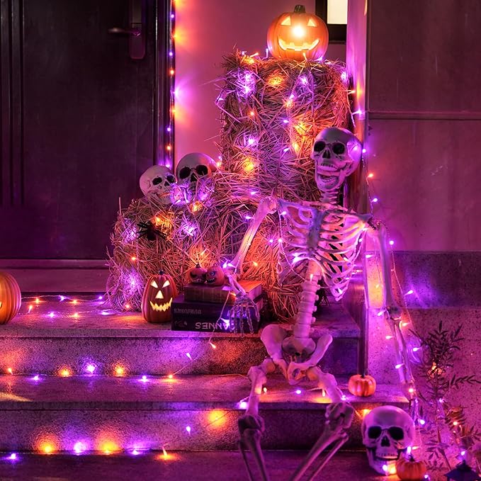 JMEXSUSS 600 LED Halloween String Lights Outdoor, Orange and Purple Halloween Lights Clear Wire, Twinkle String Lights Plug in for Tree Christmas Decorations