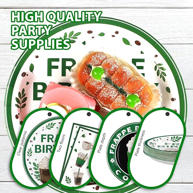 Grencian Green Coffee Birthday Party Decorations - 96Pcs Green Iced Coffee Theme Supplies Plates and Napkins Disposable Tableware Set for Latte Lover Birthday Party Decorations Serve 24