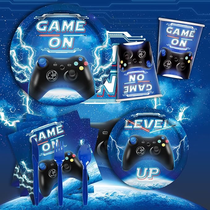 Video Game Party Supplies Kit Serve 25,Includes Dinner Plates,Dessert Plates,Napkins,Cups,Cutlery,Tablecloth,Banner for Gamer Birthday Party Decorations for Boys Adults.