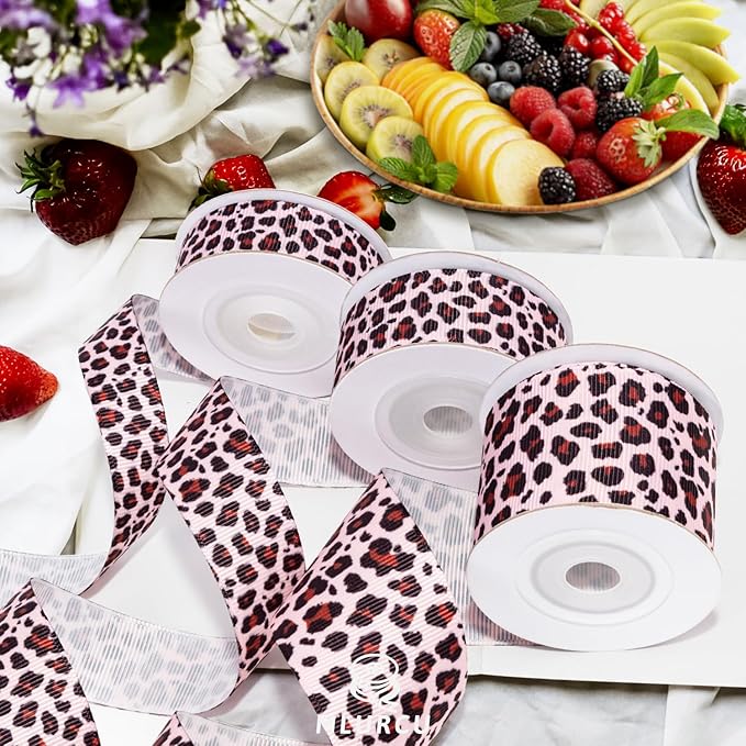 Leopard Print Ribbon Set 3 Rolls Animal Print Grosgrain Ribbons 5/8", 7/8", 1.5", Jungle Safari Printed Ribbon for Crafts, Gift Wrapping, Flower Bouquet, Wreath & Bows Making, Gift Bags Decor
