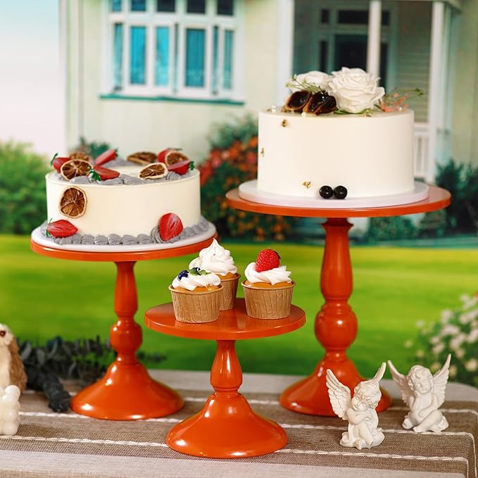 Set of 3 Orange Cake Stands, Metal Round Cake Holder Dessert Pie Pizza Display Stand 8" 10" 12" Serving Tray Halloween Decoration for Wedding Celebration Party Birthday Baby Shower