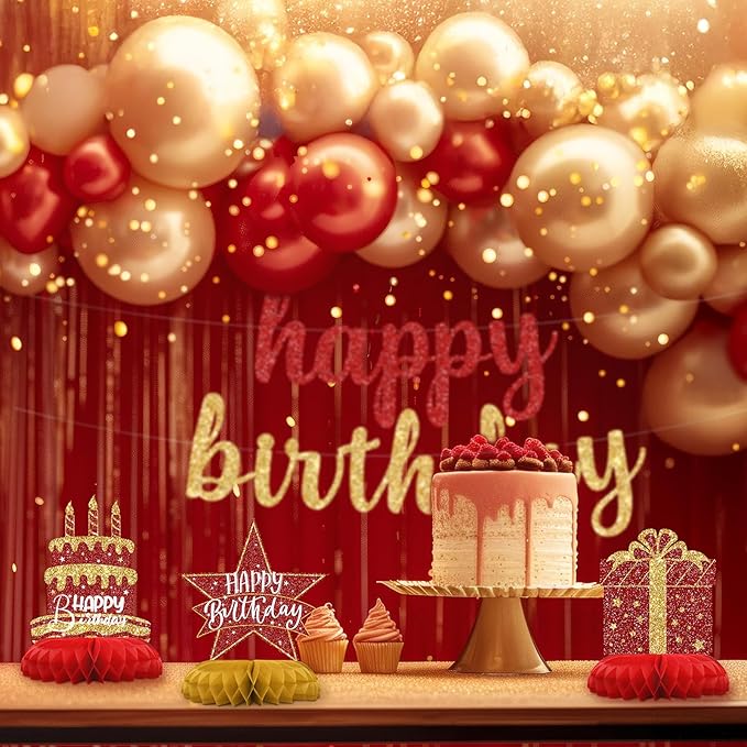 Red and Gold Birthday Decorations – 12PCS Honeycomb Table Centerpieces for Men Women Adults – Happy Birthday Table Decor Party Supplies