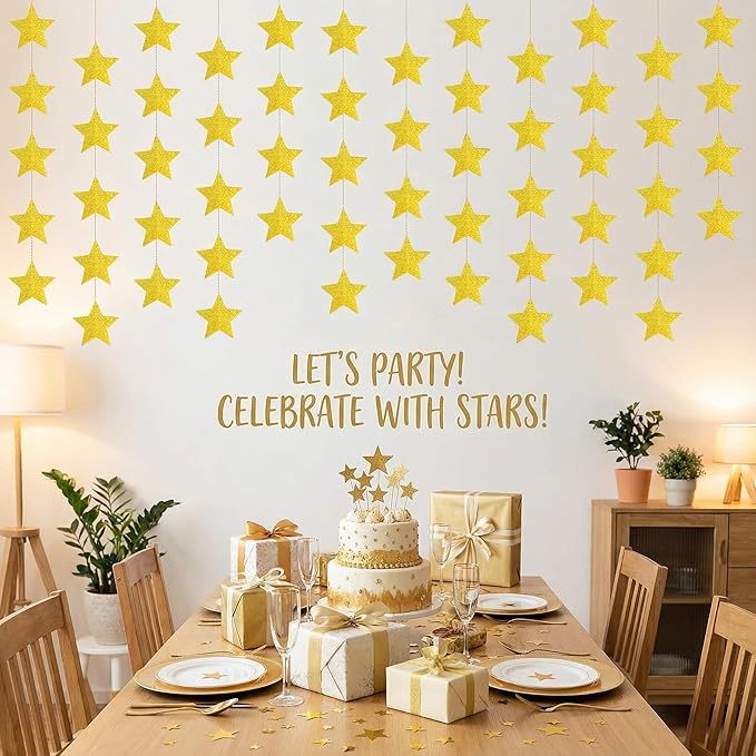 Glitter Gold Iridescent-Star-Garland 90FT – 240 Pcs Sparkling Star Streamers – Hanging Glitter Star Banner Backdrop for Birthday, Baby Shower, Wedding, Christmas Party Decorations (6 Packs)