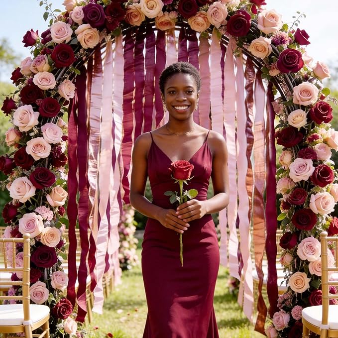 NICROLANDEE 8 Rolls Burgundy Rose Gold Crepe Paper Streamer Rolls for Birthday Wedding Engagement Bridal Shower Bachelorette Anniversary Valentine's Day Decorations