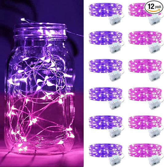 ZGWJ 12 Pack Battery Powered Fairy Lights, Mixed Colors 7Ft 20 Mini LED Silver Wires, 3 Modes for DIY, Party, Wedding, Bedroom, Halloween Christmas Decoration (Pink & Purple)