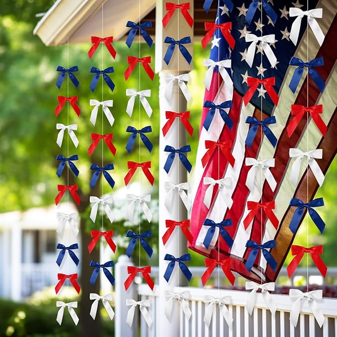 Taobary 8 Pcs 6.6 ft Bow Garland, Satin Ribbon Bow Banner Coquette Hanging Ornament for Photo Backdrop Birthday Party Wedding Bridal Baby Shower Wall Decorations(Red, Blue and White,1 Inch)
