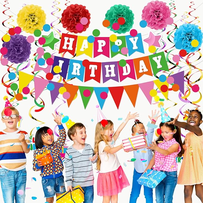 Clabby Rainbow Birthday Decorations Kit Including Colorful Happy Birthday Banner Hanging Swirls Streamers Cutouts Honeycomb Flower Balls Triangle Bunting Flag Circle Dots Confetti Garland Supplies
