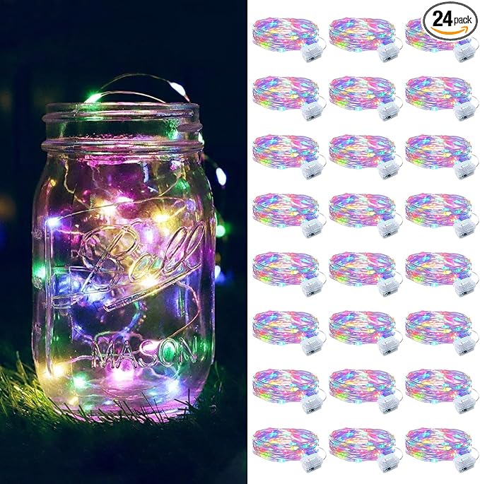 24 Pack Fairy Lights Battery Operated, 7FT 20 Mini LED Fairy Lights Silver Wire Twinkle Lights for DIY, Parties, Wedding, Bedroom, Christmas Decoration (Multi-Colored)