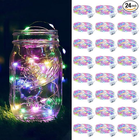 24 Pack Fairy Lights Battery Operated, 7FT 20 Mini LED Fairy Lights Silver Wire Twinkle Lights for DIY, Parties, Wedding, Bedroom, Christmas Decoration (Multi-Colored)
