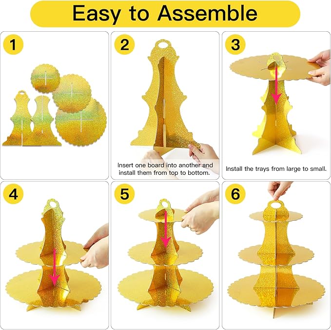 Soleebee 3-Tier Cupcake Stand, Cardboard Cupcake Tower, Dessert Cup Cake Stand Tower for Birthday Wedding Party Decoration, Cupcake Tier Stand 2 Set (Glitter Gold)