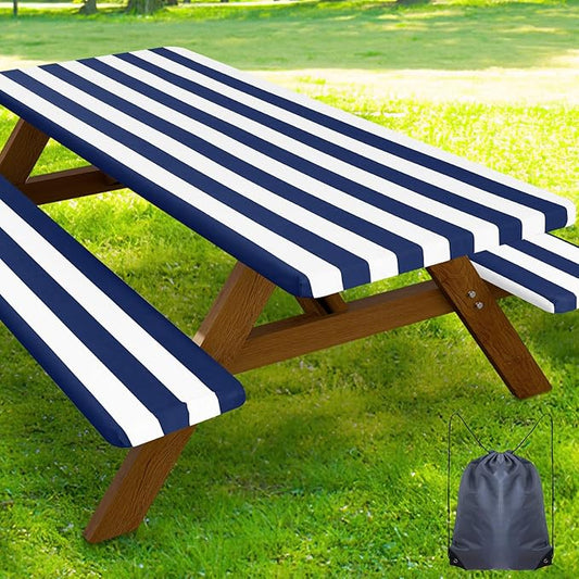 Smiry Picnic Table Cover with Bench Covers, Waterproof Elastic Fitted Tablecloth for 8 Foot Tables, Washable Polyester Tablecloths for Camping, Indoor & Outdoor (Navy Stripe, 30x96 Inch 3-pc Set)