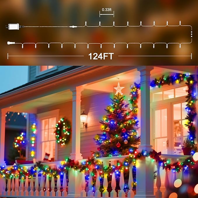 124 FT 380 LED String Lights Outdoor Indoor, Christams String Lights Waterproof 8 Modes & Timer, Fairy Lights Plug in for Bedroom, Weeding, Patio, Party, Holiday,Christmas Decor（Multicolor）