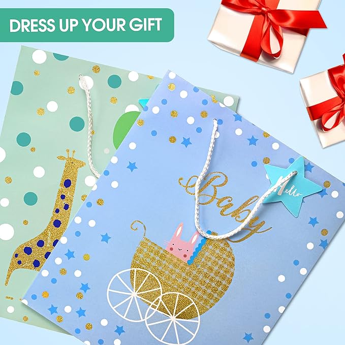 Gift Bag for Baby Boy,12.6" Large Gift Bags with Tissue Paper,Gift Bag for Baby Shower Bag with Gold Foil Design, Paper Gift Bag for Newborn,Baby,New Moms,Gift Wrap Baby Shower Bag for Baby Boy Baby Girl,Baby Birthday Gift Bags with Handles,Cute Presen...