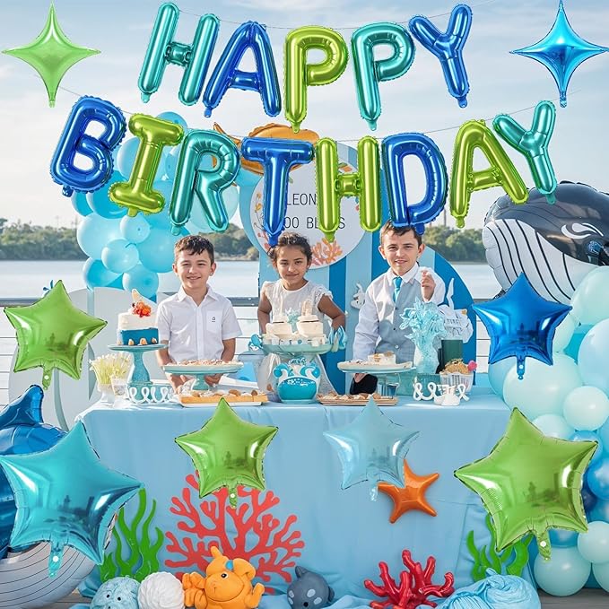 Happy Birthday Balloon Banner Blue Green, 16 Inch Mylar Foil Letter Balloons, Reusable Birthday Decorations with 8 Pcs Blue and Green Foil Balloons, Inflatable Party Supplies for Men Women Girls