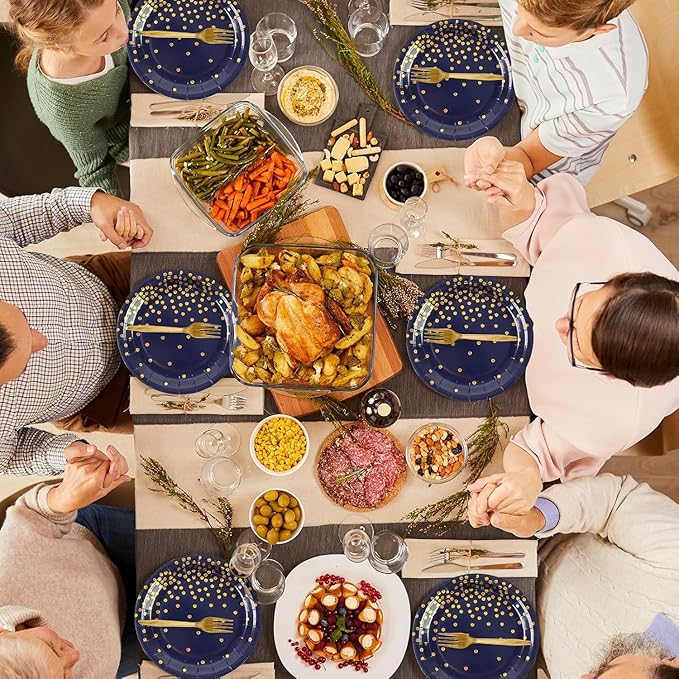 75PCS Blue and Gold Paper Plates and Napkins Party Supplies Blue Gold Dessert Plates Graduation Napkins Disposable Paper Tableware Set for Birthday Graduation Retirement Decorations Serves 25