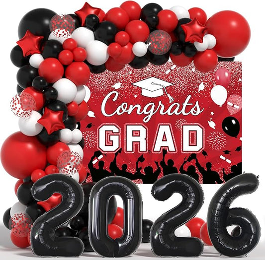 Graduation Decorations Class of 2026: Red and Black Graduation Balloons Arch Kit 2026 Party Decorartion with Congrats Grad Backdrop Party Supplies for High School & College Celebrations