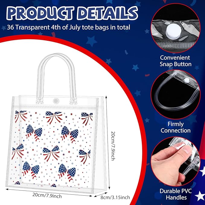 Supervitae 36 Pcs 4th of July Clear Favor Bags with Handle Reusable Red White Blue Bowknot Gift Bag Goodies Treats Totes for Independence Day Birthday Wedding Patriotic Party, 8 x 8 x 3.15 Inch