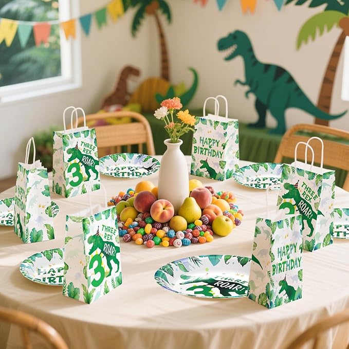 Grencian 16Pcs Dinosaur 3rd Birthday Party Favor Bags 3 Three Rex Dinosaur Candy Treat Gift Goodie Bags with Handles Three Rex Birthday Decorations for Boys 3 Year Old Party Decorations Favors Supplies