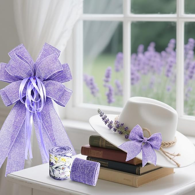 Lavender Floral Wired Ribbon Set, 2 Rolls 2.5 Inch Wide, 10 Yards Total, Rustic Lavender Burlap Ribbon for Wedding Decor, Baby Shower, Wreaths, Spring Summer Home Decor, Mother's Day Decor