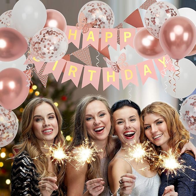 Rose Gold Birthday Decoration, 18 pcs 12 inch Happy Birthday Banner with Butterfly Stickers and Balloons for Girl and Women Happy Birthday Decorations