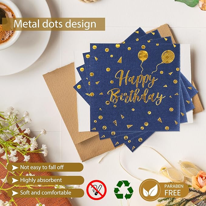 48PCS Happy Birthday Plates and Napkins Party Supplies, Blue and Gold Disposable Paper Plates and Napkins with Forks Tableware Set for Birthday Party Decorations 16 Guests