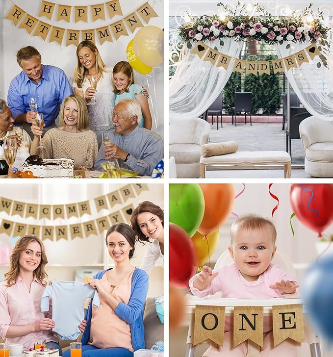 Pre-Printed Banner Kit – 97 BURLAP Flags with BLACK Letters, Numbers & Symbols, Reusable DIY Custom Banner, Make Your Own Personalized Party Banner, Faux Burlap, Includes Twine & 2 Needles