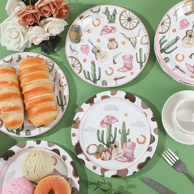 Naozinebi 50pcs Western Cowgirl Party Paper Plates Cowgirl Party Decorations for Girls Pink Western Theme Dessert Plates Wild West Cow Print Tableware Decor for Baby Shower Rodeo Birthday Serves 50